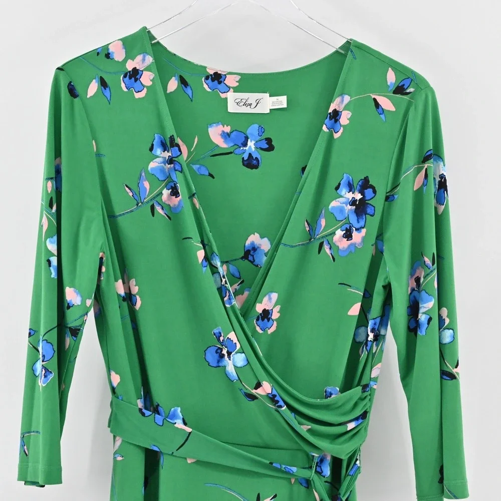 ELIZA J Dress Size 14 Green Floral V‎ Neck Long Sleeve Tie Belt Faux Wrap Midi - Picture 9 of 12